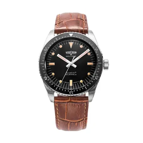 Vulcain Skindiver Nautique Black with Khaki Brown Lum - Brown Alligator