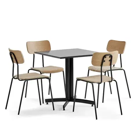 Jídelní set SANNA + RENO, stůl 700x700 mm, černá + 4 židle, jasan