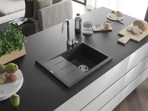 MEXEN Ben granitový dřez 1 s odkapávačem pravý 600 x 500 mm, černá kropenatá, sifon chrom 6523605000-76