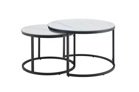 Estila Moderní sada bílých kulatých konferenčních stolků Ceramia Blanca s šedým mramorováním a černou podstavou 47 cm