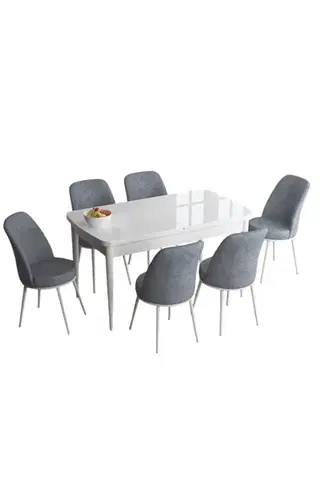 Extendable Dining Table & Chairs Set (7 Pieces) Han - White, Grey