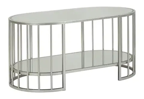 Estila Stylový art deco oválný konferenční stolek Silvario se stříbrnou kovovou konstrukcí se zrcadlovou deskou a policí 90 cm