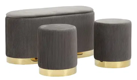 Estila Designová art deco sada taburetek a lavice Ponzi s šedým sametovým potahem a zlatou podstavou s úložným prostorem 80 cm