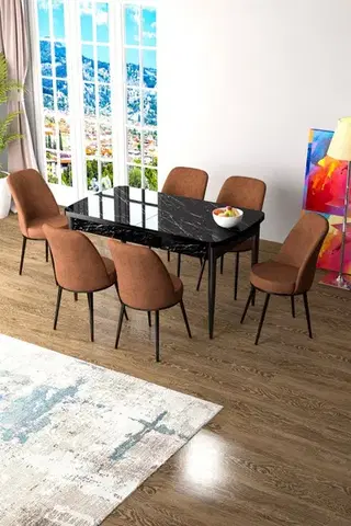 Extendable Dining Table & Chairs Set (7 Pieces) Zen - Black Marble, Tile Red