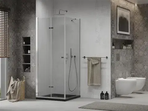 MEXEN/S Lima sprchový kout zalamovací dveře 80 x 80, transparent, chrom + Flat černá vanička se sifonem 856-080-080-01-00-4070