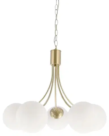 Mosazná závěsná lampa Dani 5x40W E14, bílé stínidlo, elegantní stropní svítidlo do obývacího pokoje, klasický i moderní styl, pět světelných bodů
