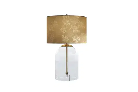 Estila Designová glamour noční lampa Gambier se zlatým stínítkem se vzorem palmových listů a průhlednou skleněnou nohou 47 cm