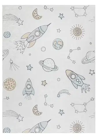 Dywany Łuszczów, Dětský kusový koberec Bambino 1278 Space rocket cream, 80x150, vícebarevná, dětský pokoj