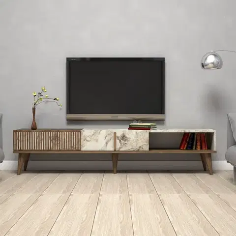 TV stolek Milan - Walnut, White Marble