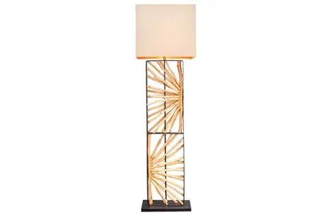Estila Designová etno stojací lampa Adduro s podstavou z černého kovu a masivního dřeva ve hnědé barvě s béžovým stínítkem 165 cm