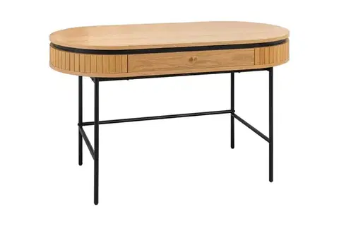 Estila Designový industriální oválný psací stůl Maderia s černou kovovou konstrukcí a dubovou hnědou deskou se zásuvkou 120 cm
