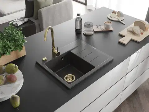 MEXEN/S Ben granitový dřez 1 s odkapávačem levý 600 x 500 mm, černá kropenatá, sifon zlatá 6522605000-76-G