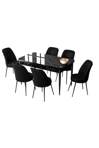 Extendable Dining Table & Chairs Set (7 Pieces) Zen - Black Marble, Black