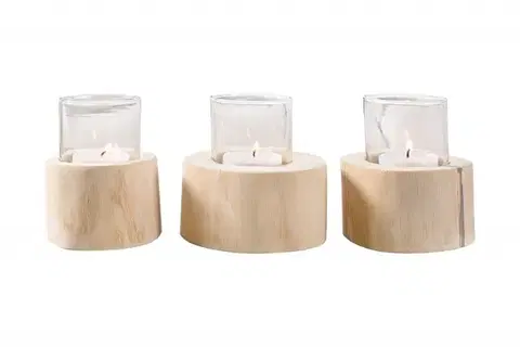 Estila Etno set tří kulatých teakových svícnů Solaro ve světle hnědé barvě s matným povrchem a skleněnou ochranou 14 cm