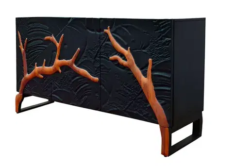 Estila Designový etno třídveřový příborník Cumbria z černého a hnědého mangového dřeva s 3D dekorem listů a větví 160 cm