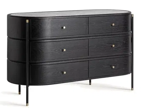Estila Art deco černá komoda Alessio se zaobleným designem s mramorovou vrchní deskou a zlatými detaily 140 cm