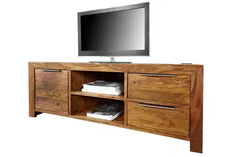 Estila Moderní obdélníkový hnědý masivní TV stolek Massive ze sheeshamového dřeva s kovovými úchyty s úložným prostorem 135 cm