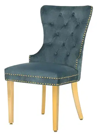Estila Glamour čalouněná prošívaná sametově modrá jídelní židle Modern Barock se zlatými kovovými nožičkami a klepátkem 98 cm
