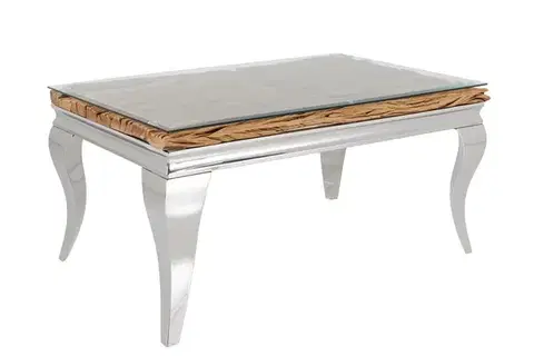 Estila Luxusní designový obdélníkový konferenční stolek Modern Barock s chromovou podstavou a deskou ze skla a masivního dřeva 100 cm
