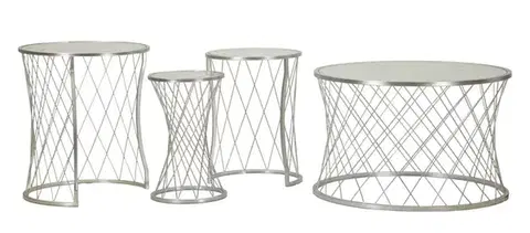 Estila Art deco sada kulatých stříbrných příručních stolků Deli se strukturovanou deskou a nohou s diamantovým vzorem 70 cm