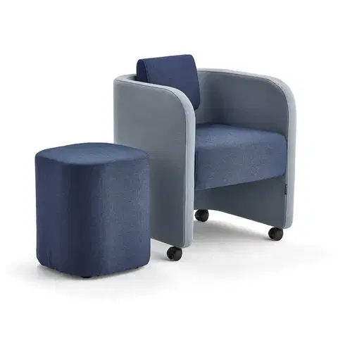 Nábytková sestava COMFY, křeslo a taburet, s kolečky, vlněný potah, blankytně modrá/námořnická modrá