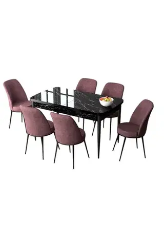 Extendable Dining Table & Chairs Set (7 Pieces) Zen - Black Marble, Dusty Rose