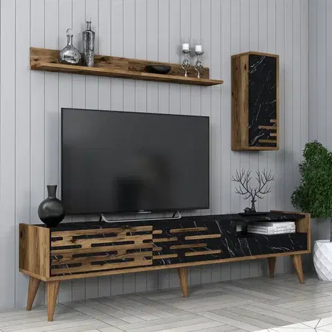 TV stěna / Sestava pod TV Valensiya - Walnut, Black, Marble