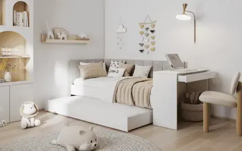 ArtBed Dětská postel FREYA s přistýlkou ​​a se stolkem | bílá / šedá (Amber 802) 90 x 200 cm