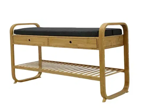 Estila Designová retro lavice Bobby z hnědého bambusu se dvěma zásuvkami s roštovou policí s tmavě šedým polštářem na sezení 100 cm