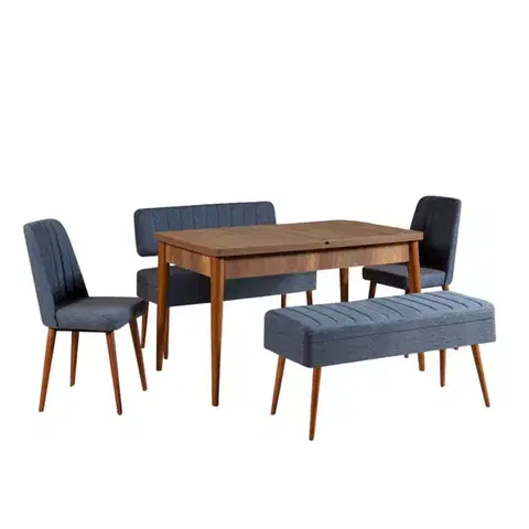 Jídelní set s rozkládacím stolem a židlemi (5 kusů) Vina 1048 - 4 - Walnut, Dark Blue