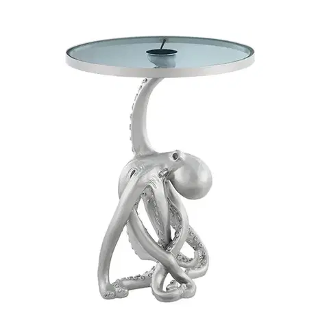 Estila Glamour kulatý příruční stolek Tierra Glam se stříbrnou podstavou v podobě chobotnice se skleněnou deskou 53 cm
