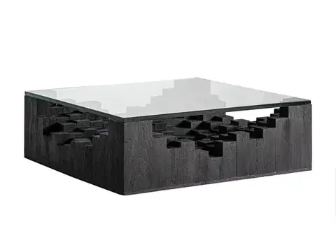 Estila Luxusní art deco masivní čtvercový konferenční stolek Cubia Nera z mangového černého dřeva se skleněnou deskou 98 cm