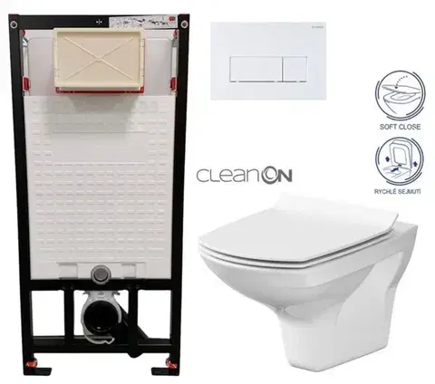 DEANTE Podomítkový rám, pro závěsné WC mísy + SLIM tlačítko bílé + WC CERSANIT CLEANON CARINA + SEDÁTKO CST_WC01 A51P CA3