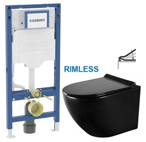 GEBERIT Duofix bez tlačítka + WC MEXEN LENA ČERNÁ Rimless + SEDÁTKO 111.300.00.6 ME01