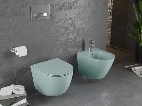 MEXEN Lena Závěsná WC mísa Rimless včetně sedátka s slow, Duroplast, světle zelená mat 30224048