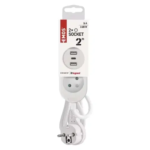EMOS Prodlužovací kabel s 2 zásuvkami, 2 USB a USB-C Taylor 2 m bílý