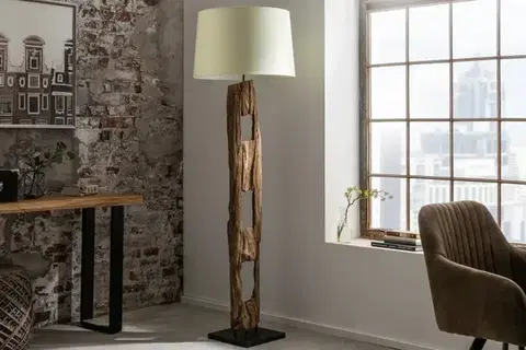 Estila Moderní designová stojací lampa Adelise v etno stylu s dřevěnou podstavou as bílým stínítkem 177cm