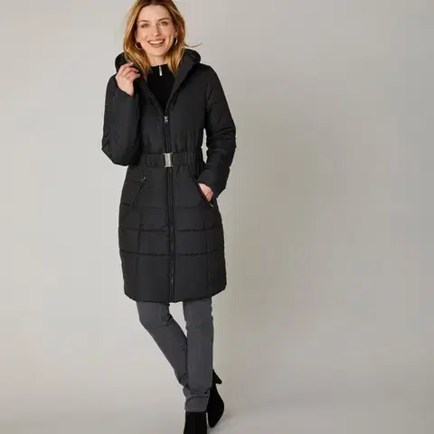 Nepromokavá dlouhá prošívaná bunda s páskem, na zip