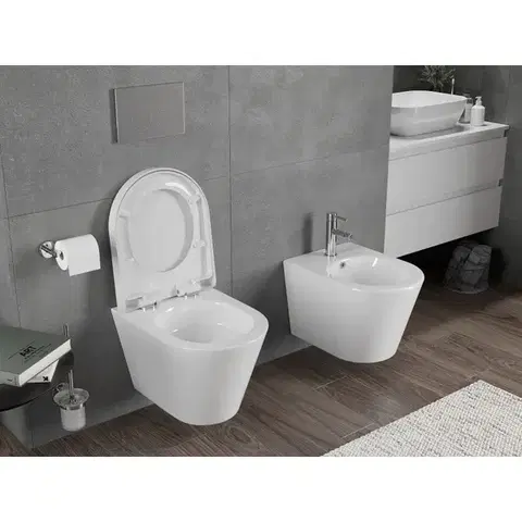 MEXEN/S Rico Závěsná WC mísa Rimless Tornado včetně sedátka s slow, duroplast, bílá lesk 30720200T