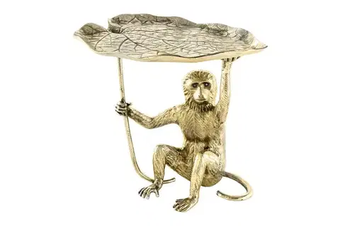 Estila Stylový art deco příruční kovový stolek Monkey s přírodními motivy v podobě listu a opice ve zlaté antické barvě 55 cm