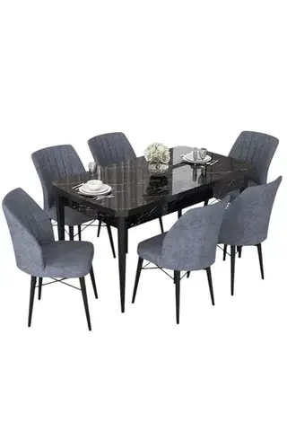 Extendable Dining Table & Chairs Set (7 Pieces) Nef - Black Marble, Fume