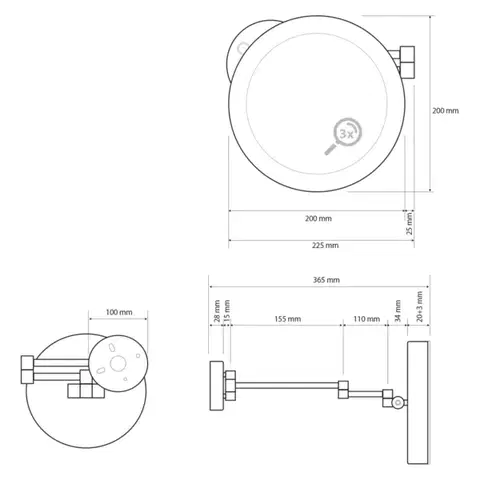 SAPHO X-ROUND BLACK kosmetické zrcátko závěsné LED, Ø 200, černá mat XR016B