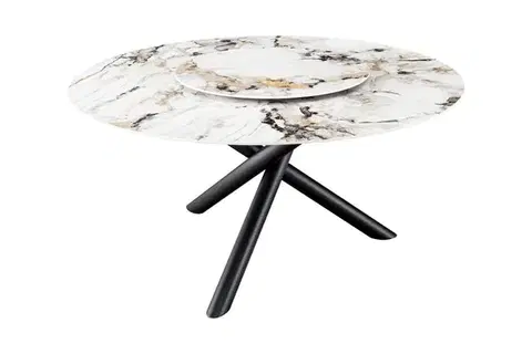 Estila Designový bílý mramorový kulatý jídelní stůl Siam s otočnou deskou as černýma zkříženýma nohama 150 cm