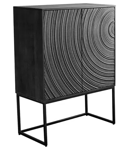 Estila Designová moderní černá barová skříňka Cumbria z mangového dřeva s dvojitými dvířky s dekorem kružnic a podnoží 120 cm