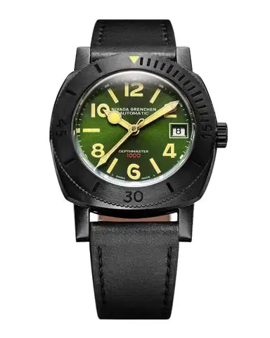 Nivada Grenchen Depthmaster Numerals - Black and Green - Black Leather