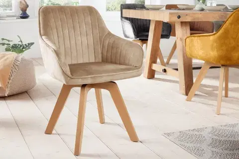 Estila Skandinávské moderní otočné sametové jídelní křeslo Caballet s opěrkami na ruce a potahem béžové barvy 84cm