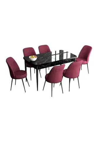 Extendable Dining Table & Chairs Set (7 Pieces) Han - Black Marble, Burgundy