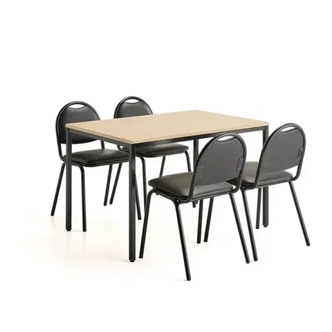 Jídelní sestava JAMIE + WARREN, stůl 1200x800 mm, bříza + 4 židle, černá koženka