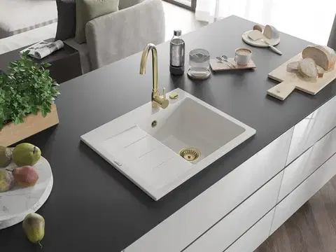MEXEN/S Ben granitový dřez 1 s odkapávačem pravý 600 x 500 mm, bílá, sifon zlatá 6523605000-20-G