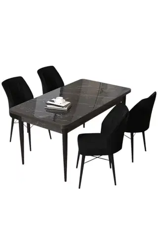 Dining Table & Chairs Set (5 Pieces) Arp - Black Marble, Black